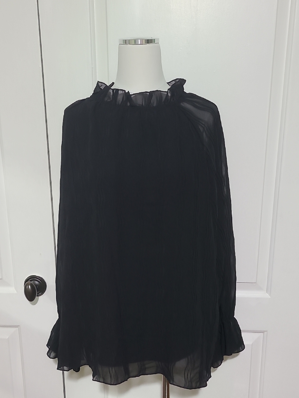 NWOT Black High Neck Patterned Poet Sleeve Blouse